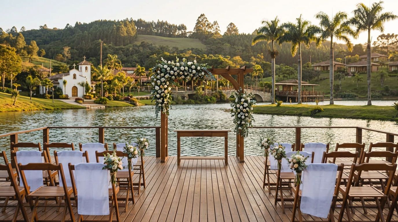 Deck de madeira sobre o lago com arco de flores e cadeiras enfileiradas voltadas para a água