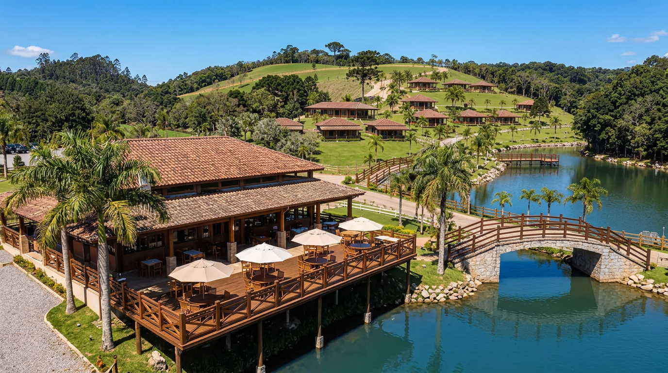 Restaurante de telhado de madeira escura com varanda e mesas de frente para o lago