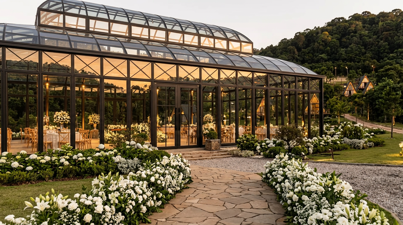 Salão de festas de vidro com telhado curvo e estrutura metálica preta, jardim de flores brancas na entrada
