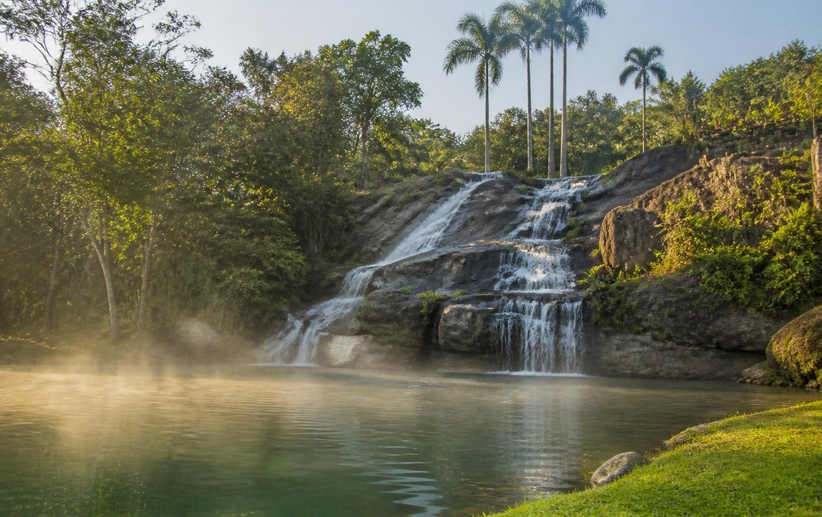 Cachoeira de pedras despejando água no lago, cercada de mata e palmeiras imperiais