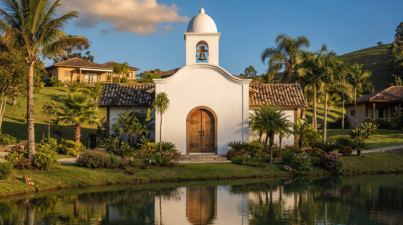 Capela branca de estilo colonial com torre sineira, refletida no lago