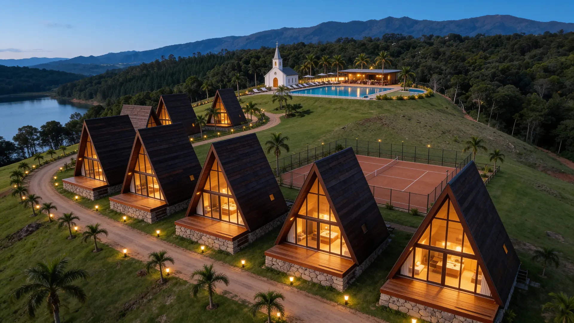 Conjunto de chalés A-frame de madeira escura iluminados ao entardecer, com o lago ao fundo