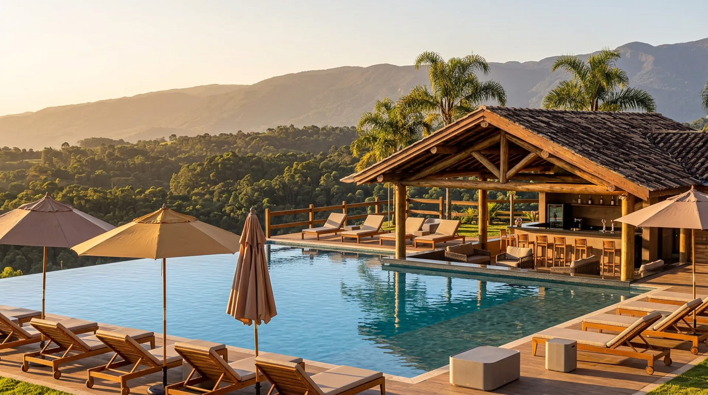 Piscina de borda infinita com espreguiçadeiras e bar de apoio coberto, com vista para a serra