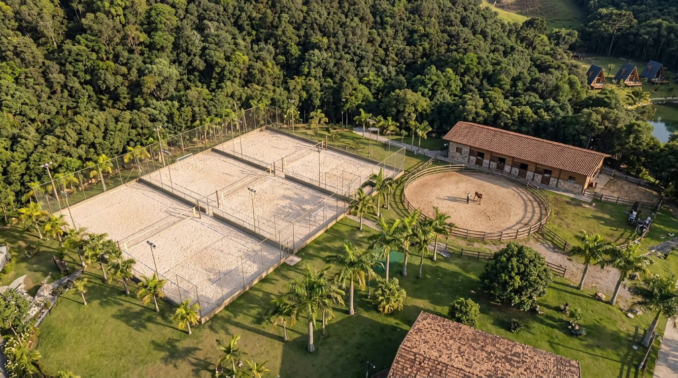 Três quadras de areia clara com alambrado alto, ao lado do redondel de cavalos e das baias