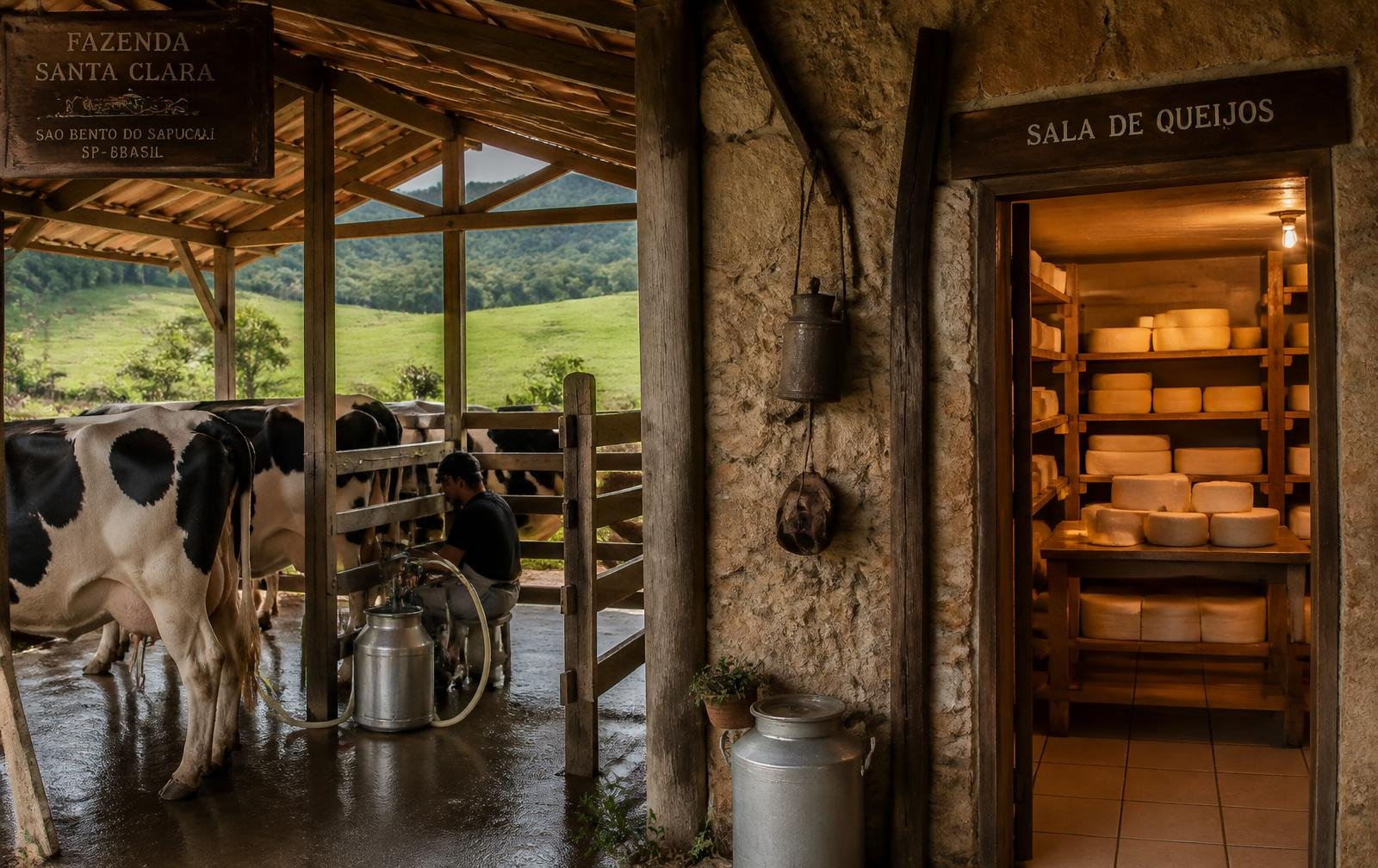 Ordenha de vacas em curral coberto de madeira ao lado de queijaria rústica com prateleiras de queijos