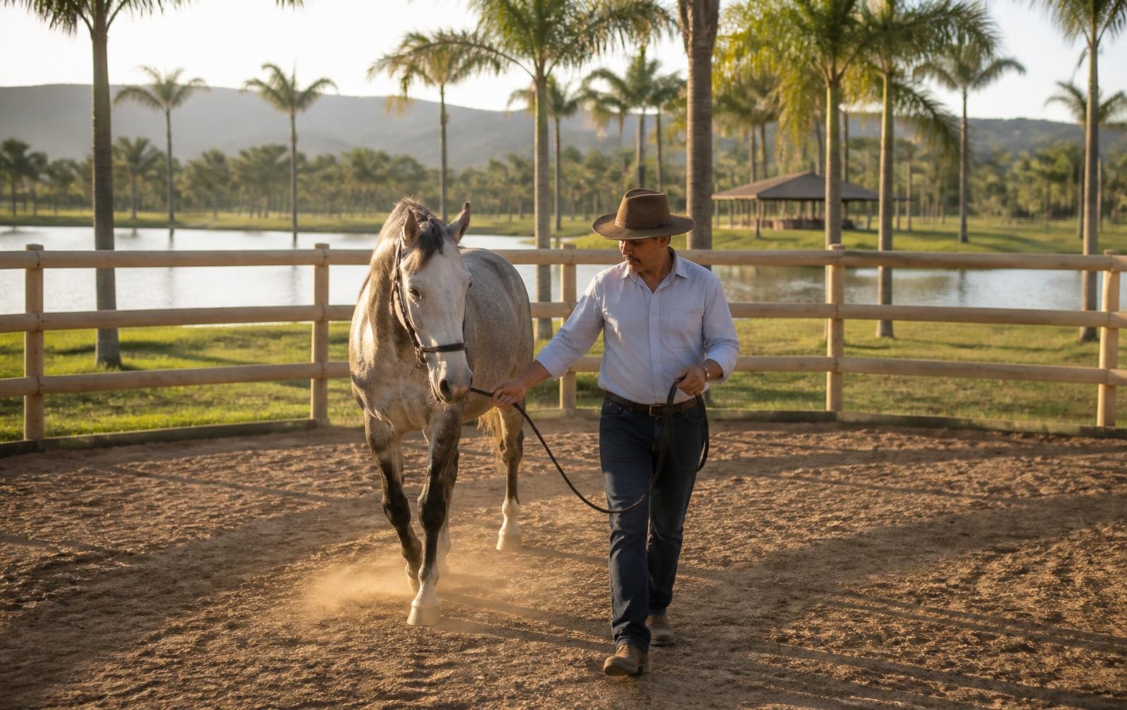 Pessoa conduzindo um cavalo a pé dentro do picadeiro redondo de cerca de madeira clara